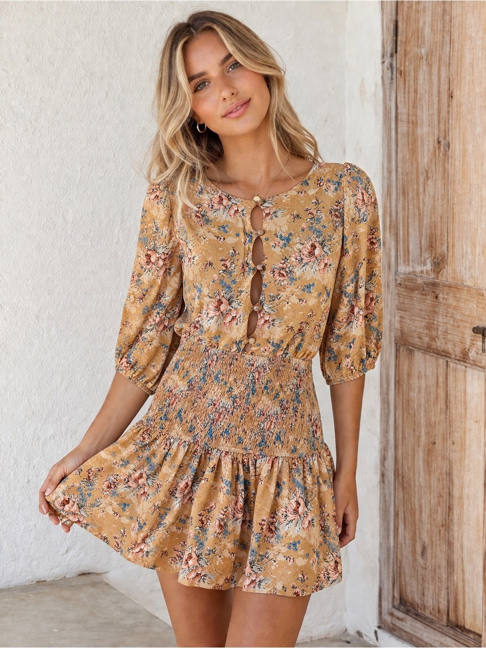Sabo Skirt Sierra Floral Mini Dress XS Smocked Puff Sleeve Cottagecore Boho